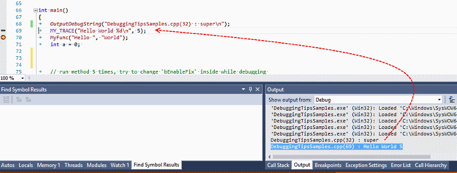 Visual Studio moving from Output Window to Source